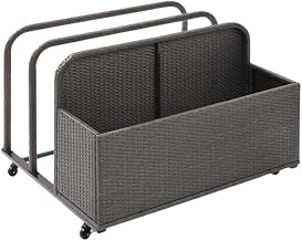 Gray Wicker Cart with Wheels for Pool Float Organizer, Outdoor Toy Holder, Storage Box with Towel Rail, Ideal for Patios or Backyards