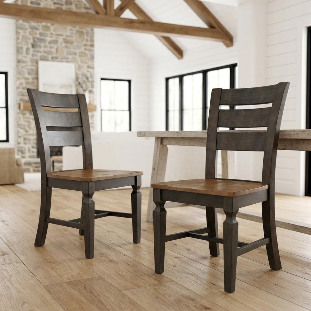 Solid Wood Ladderback Dining Chairs Set of by Furnifact – Wood, Hickory and Washed Coal, Pack of 2