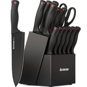 Astercook Knife Block Set with Sharpener, 15 Piece German Stainless Steel, Black
