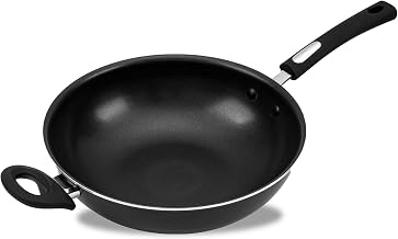 Hamilton Beach Nonstick Wok Pan 12-Inch - Black Aluminum Wok Pan with Soft Touch Bakelite Handle - Flared Edge - Spiral Bottom, Easy To Clean, Multipurpose Use - Durable & Dishwasher Safe