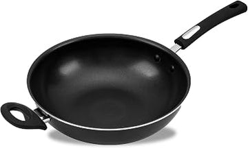 Hamilton Beach Nonstick Wok Pan 12-Inch - Black Aluminum Wok Pan with Soft Touch Bakelite Handle - Flared Edge - Spiral Bottom, Easy To Clean, Multipurpose Use - Durable & Dishwasher Safe