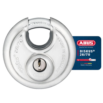 Diskus Padlock 26/70 - Weatherproof - with Drill and Pull-Protected Cylinder - ABUS Security Level 8 - Silver – 90x190cm, Alloy Steel, White, Pack of 6, Model 12790