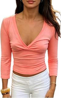 Womens 3/4 Sleeve Wrap Tops Ruched V Neck Fitted T-Shirt Blouses