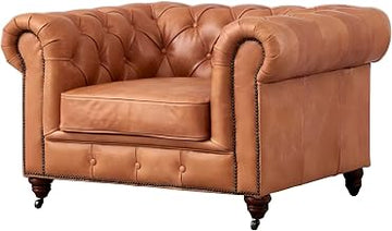 Starlight Canyon Home Leather-Upholstered Chesterfield Armchair with Solid Wood Frame, Accent Chair for Living Room or Bedroom Use, Light Brown