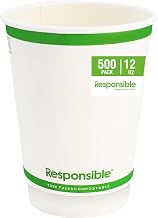 Responsible Products 20 oz Double Wall Insulated Paper Coffee Cups (500 Count) – Smooth Wall Insulated To Go Coffee Cups - Natural White, Compostable, Eco-Friendly, Disposable Hot Beverage Cups