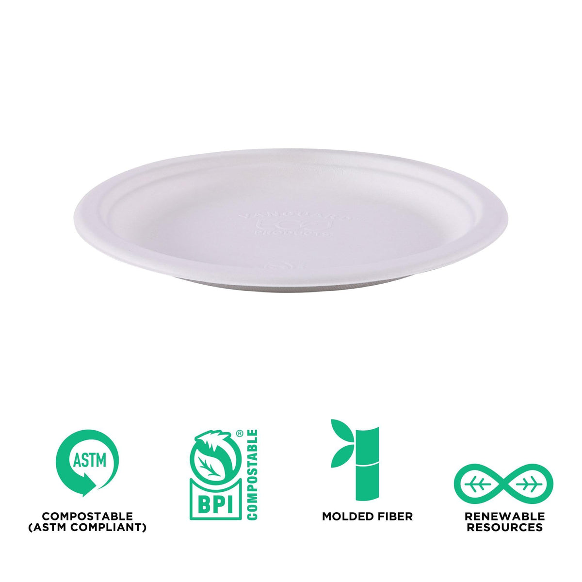 Compostable Vanguard 9" Paper Plates by ECO PRODUCTS – 9", molded fiber, White, Pack of 500, Model EP-P013NFA