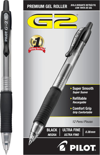 G2 Premium Retractable Rolling Ball Black Gel Pens by PILOT – 12 Count (Pack of 1), Rubber, Black Ink, Model 31277