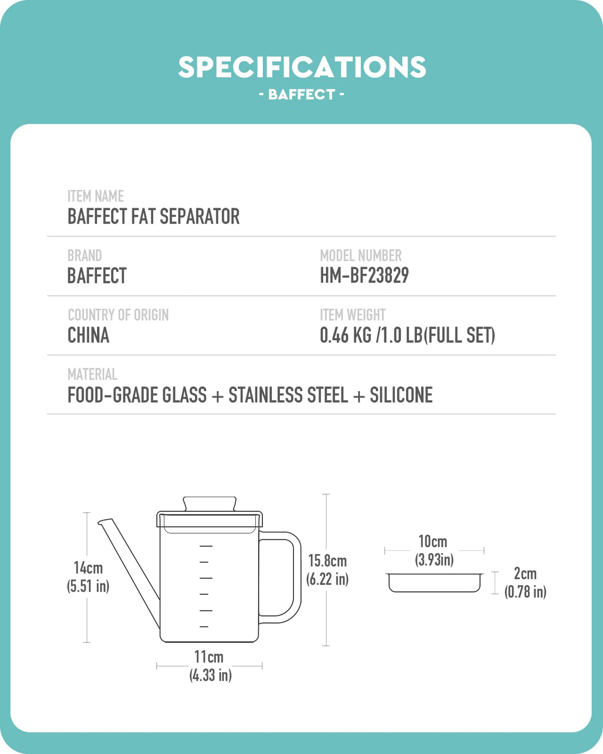 Baffect Glass Fat Separator With Strainer, 4 Cups, Transparent