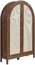 Modway Calista 63 Inch Arched Storage Cabinet with Folding Desk in Walnut - Tall Faux Rattan Cabinet with Doors and Shelves for Hallways, Living Rooms or Home Office