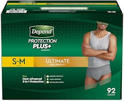 Depend Protection Plus Ultimate Max Absorbency 3-in-1 SureFit Flexible Underwear for Men:92 count, S-M