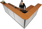 Global Industrial 116"W x 80"D x 46"H L-Shaped Reception Station with Raceway, Cherry Counter/Gray Panel