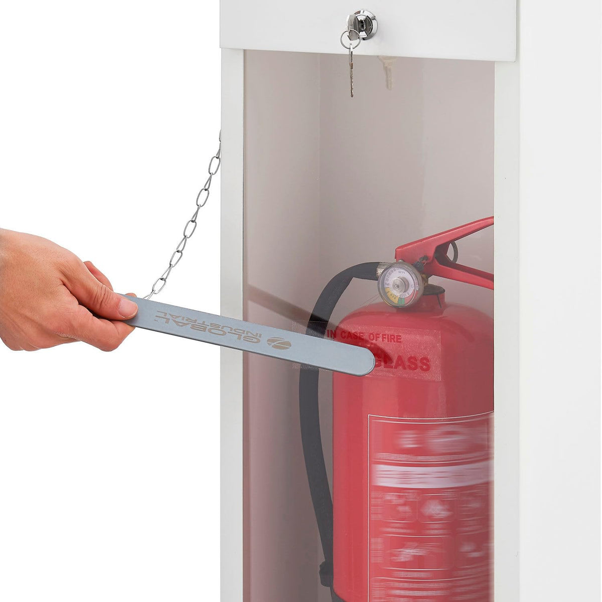 Lockable Steel Fire Extinguisher Cabinet with Breakable by Global Industrial – Steel, White, Model 670601