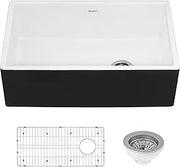 Ruvati Black and White 30-inch Fireclay Farmhouse Offset Drain Kitchen Sink Single Bowl - RVL4018RBW