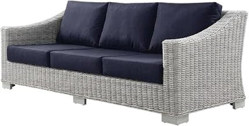 Blue Outdoor Patio Wicker Rattan Sofa with Cushions, Weather-Resistant Frame for Garden, Backyard, Terrace, 78-Inch Wide