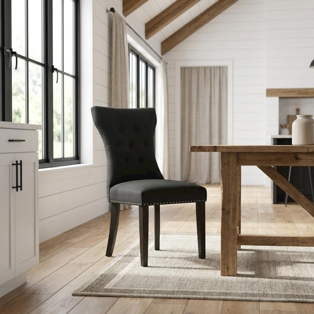 Wooden Parsons Dining Chair with Upholstered Seat by Furnifact – Wood, Black, Pack of 2