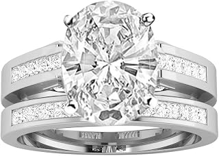 2.9 Ctw 14K White Gold Channel Princess Cut Diamond Engagement Ring Bridal Set Oval Shape (2.4 Ct E Color SI2 Clarity Center Stone)