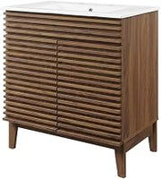 Furnifact Walnut White Bathroom Vanity Cabinet, Floor-Mount, 30 Inch, Single Ceramic Sink, MDF, Centerset Faucet Ready, Freestanding