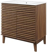 Furnifact Walnut White Bathroom Vanity Cabinet, Floor-Mount, 30 Inch, Single Ceramic Sink, MDF, Centerset Faucet Ready, Freestanding