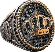 KAMBO Natural Onyx 925 Sterling Silver King Crown Ring - Men's Jewelry - Custom Size - Gemstone