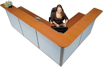Global Industrial 116"W x 80"D x 44"H L-Shaped Reception Station, Cherry Counter/Blue Panel