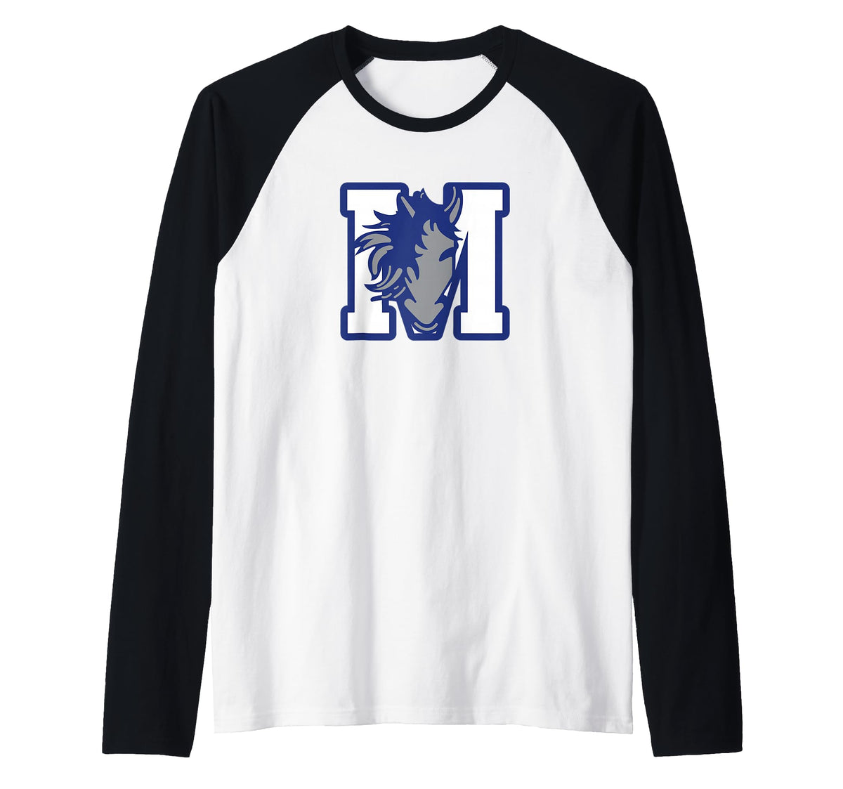 Curtis-Tufts M Mustang Raglan Baseball Tee by Curtis-Tufts High School, Medford, MA 02155 – Black, Model PSTY9HBA8Y5