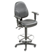 Leather Stool - Operator Synchro Mechanism - 360 Footrest with Armrests by Global Industrial – 19"L x 25.25"W x 27.1"H, Plastic, Black, Model 506757