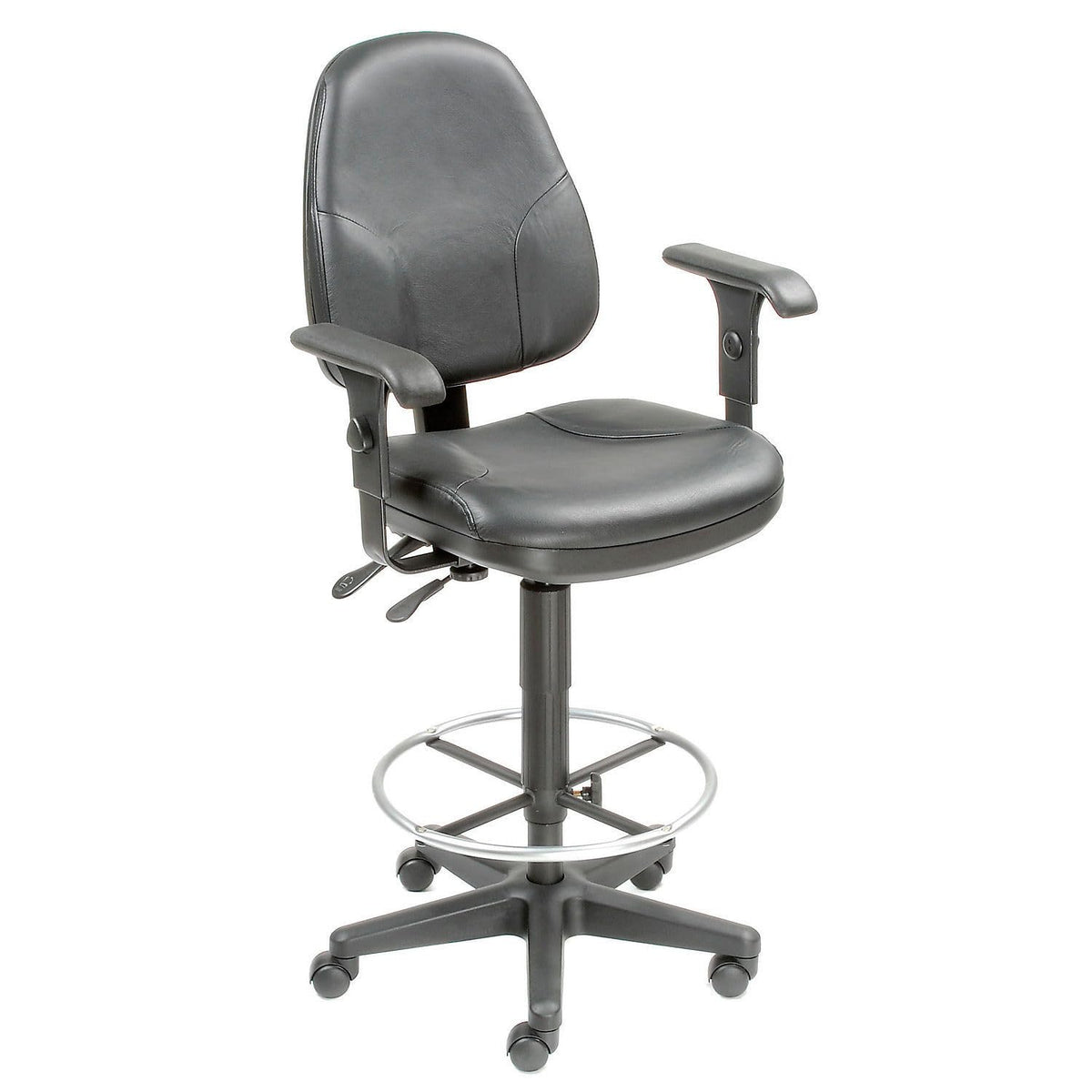 Leather Stool - Operator Synchro Mechanism - 360 Footrest with Armrests by Global Industrial – 19"L x 25.25"W x 27.1"H, Plastic, Black, Model 506757