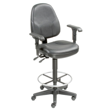 Leather Stool - Operator Synchro Mechanism - 360 Footrest with Armrests by Global Industrial – 19"L x 25.25"W x 27.1"H, Plastic, Black, Model 506757