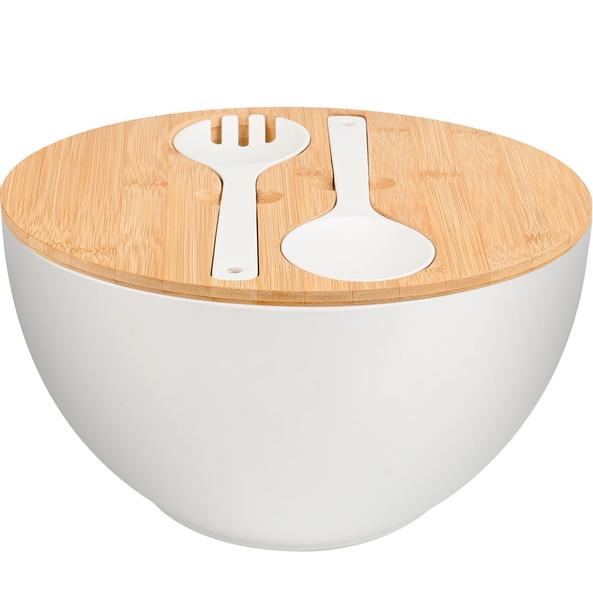 Lovyanxue Bamboo Salad Bowl Set, 12 Inch Extra Large with Lid and Servers, White