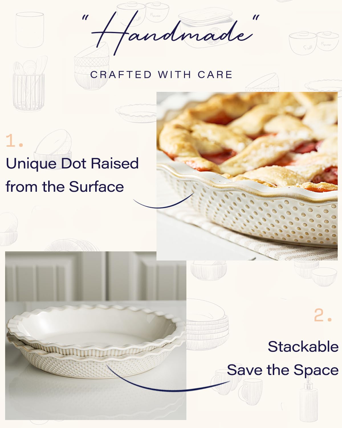 Getstar Ceramic Pie Pan Set, 9 Inch Deep Dish, Embossed Stripes and Dots