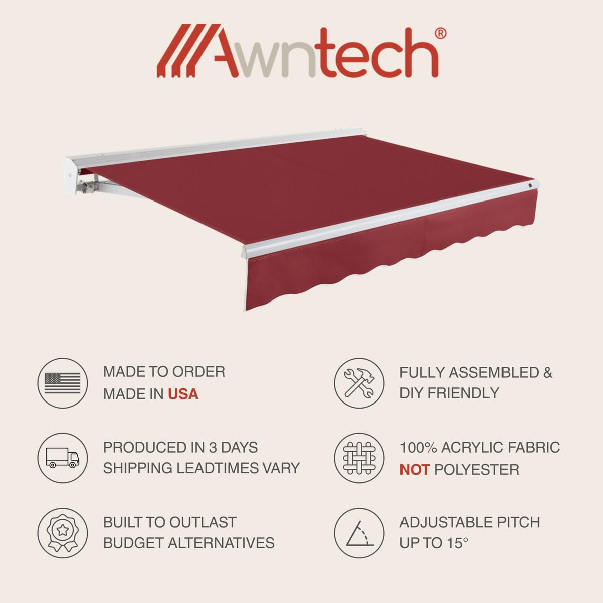 24' Destin Left Motor (24' x 10') Retractable Patio Awning by Awntech – (24'W x 10'P), Acrylic Linen, Brown, Model DTL24-BR
