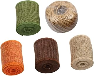 6cm Wide Linen-Like Craft Ribbon Set with 5pcs 3-Meter Rolls and 50m Jute Twine for Wedding Party Decoration, Wrapping, and DIY Crafts