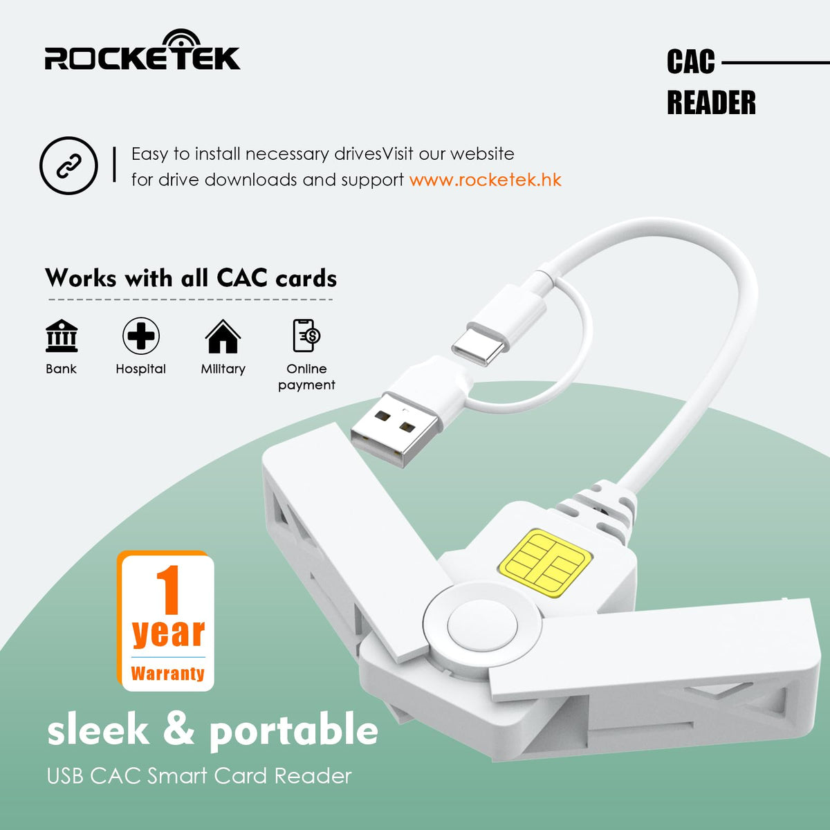 CAC Reader with 2 in 1 USB/Type C Dual Connector by Rocketek – Mini, White-335EN