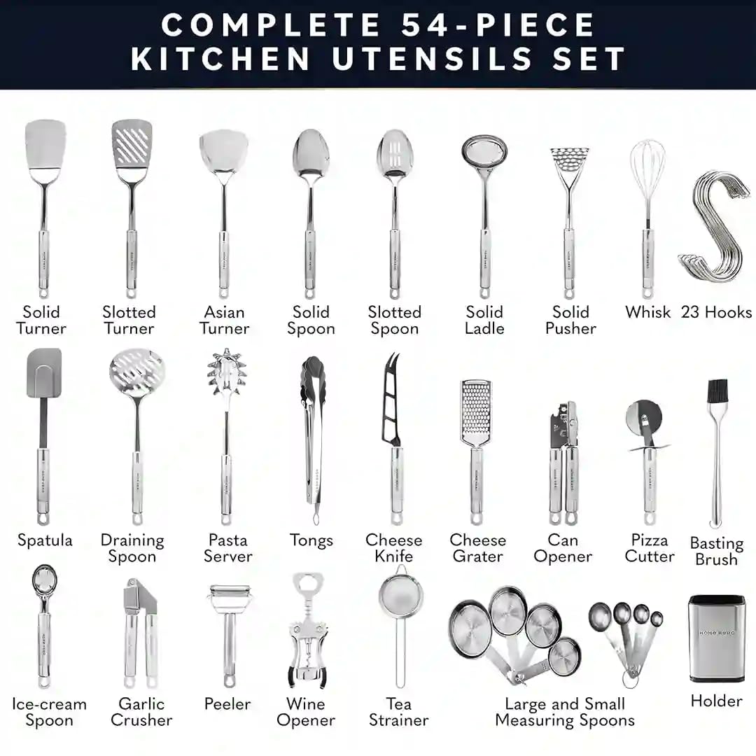 Home Hero Kitchen Utensil Set, Stainless Steel Tools, 54 Piece Silver