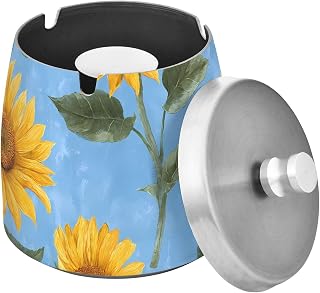 Sunflower Blue Background Splash Ashtray with Lid, Outdoor Ashtrays for Patio