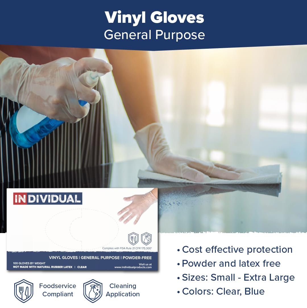 INDIVIDUAL Clear Vinyl Gloves – Large, 3 Mil, Powder Free and Latex Free | 1,000/Case