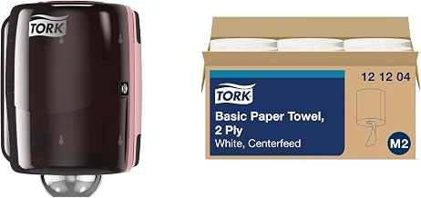 Soft Centerfeed Hand Towel White M2, High Absorbency, 6 x 600 Sheets, 121204 + Tork Centerfeed Industrial Paper Towel Dispenser Red and Smoke M2, Single-Sheet Dispensing, 659028 +