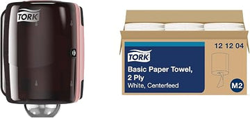 Soft Centerfeed Hand Towel White M2, High Absorbency, 6 x 600 Sheets, 121204 + Tork Centerfeed Industrial Paper Towel Dispenser Red and Smoke M2, Single-Sheet Dispensing, 659028 +