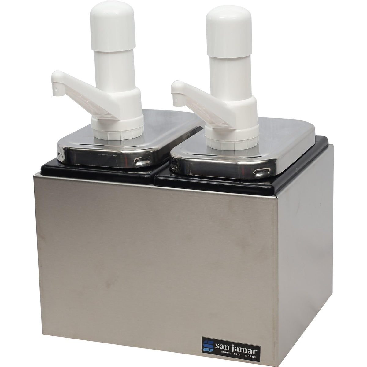 San Jamar Stainless Steel Condiment Pump Service Center with 2 Wells Black Jars by Carlisle FoodService Products – 12 x 8.25 x 8", Stainless Steel, Stainless, Model P9712
