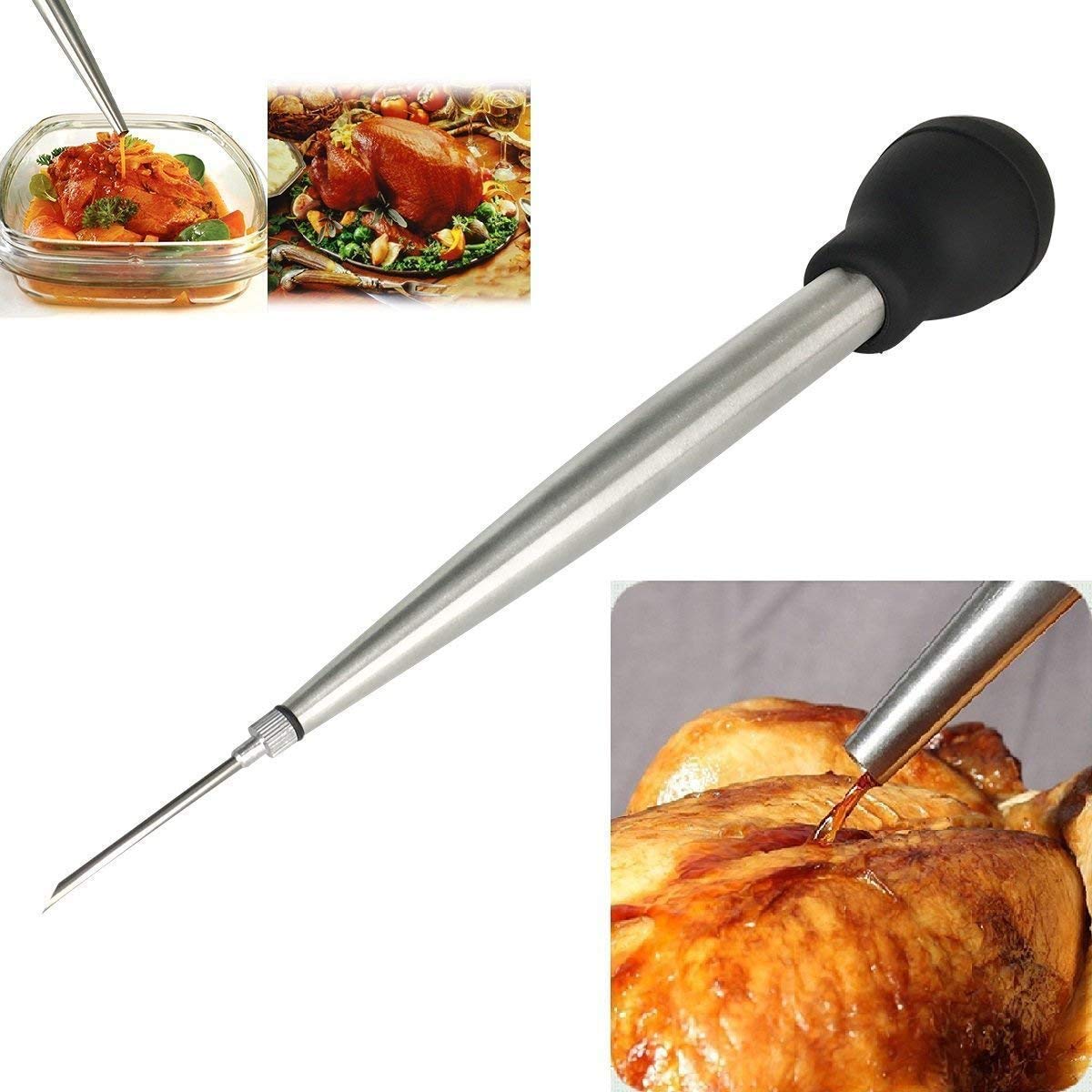 Home Servz Turkey Baster and Poultry Fork Set, Stainless Steel, Black and Silver
