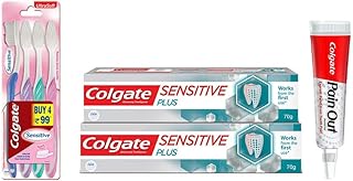 Sensitive Teeth Comboo Pain Out Gel, Colgate Sensitive Plus Toothpaste for Instant Sensitivity Relief and Sensitive Ultra Soft Toothbrush (10ml, 2x70g, 4 Pieces)