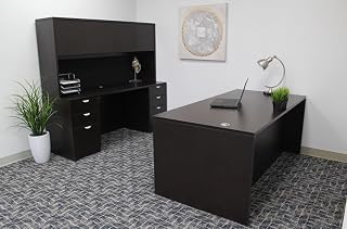 Boss Office Products Holland Executive Desk and Credenza with Dual File Storage Pedestals and Hutch, 66", Mocha