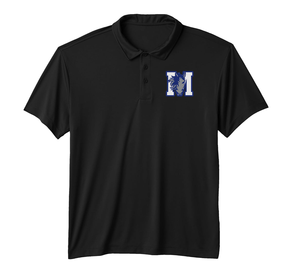 Curtis-Tufts M Mustang Performance Polo Shirt by Curtis-Tufts High School, Medford, MA 02155 – Polyester, Parent, Model MSTHFM45KG4