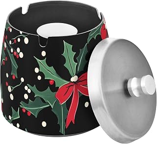 Holly Leave Red Bows Splash Ashtray with Lid, Outdoor Ashtrays for Patio