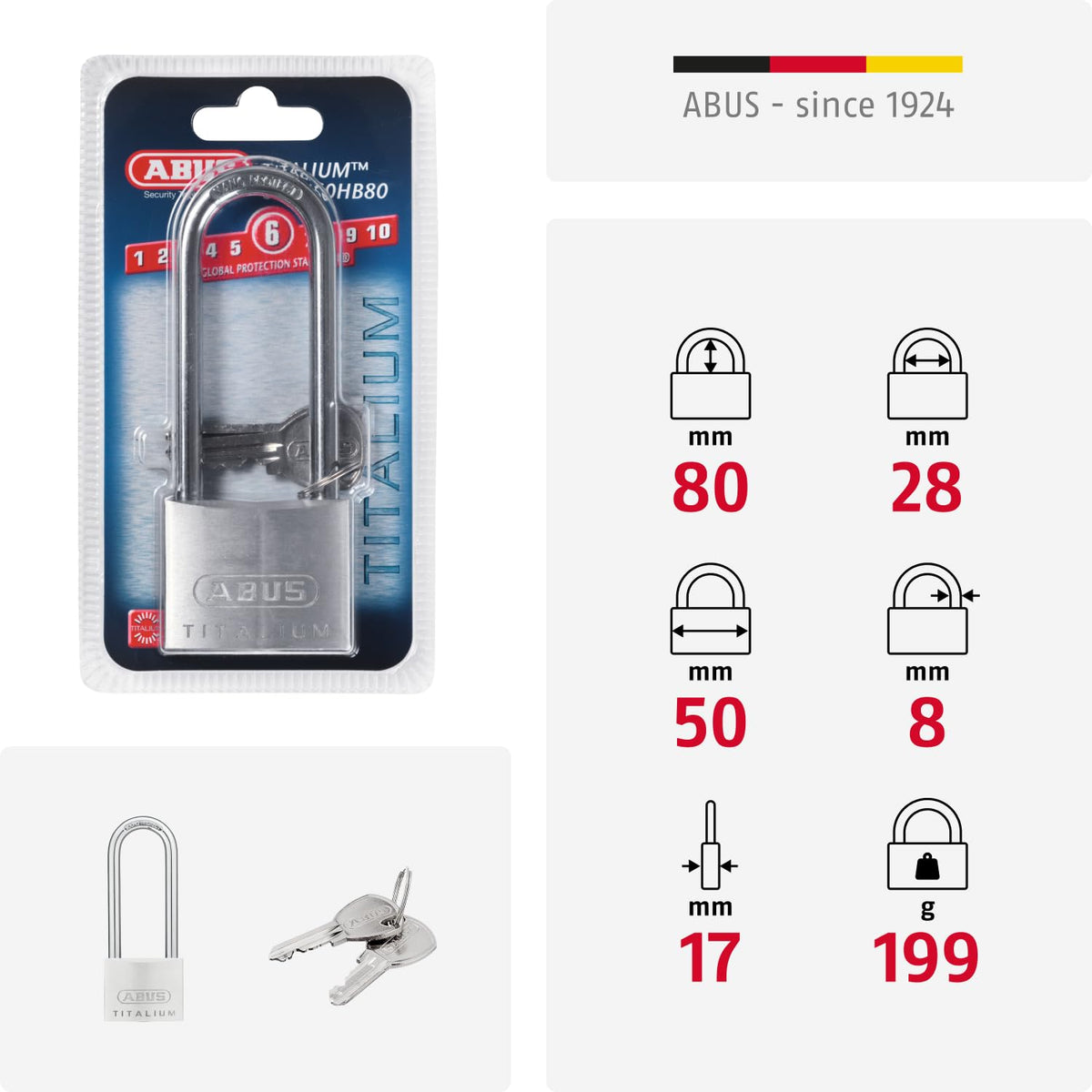ABUS 1 / Gray / 50 mm lock body, high shackle Keyed Padlocks