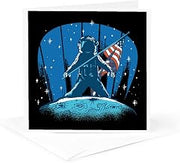 3dRose Moon Landing with Spaceman Astronaut and US Flag 1 Greeting Card with envelope