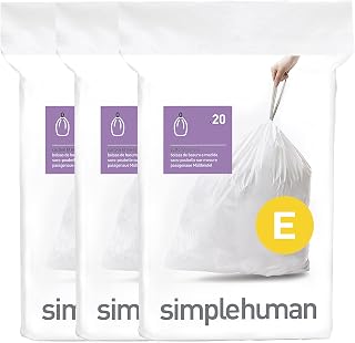 simplehuman Code E 60 Count Custom Fit Liners, Drawstring Kitchen Trash Bags, One-by-One Mess-Free Dispense, Extra Thick & Double Seamed, 50% PCR Plastic, 20 Liter / 5.3 Gallon, White