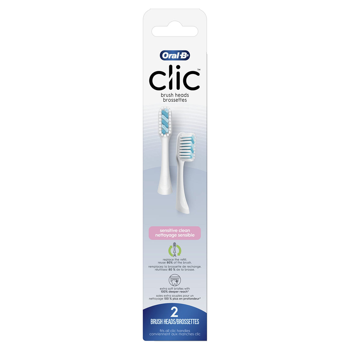 Clic Toothbrush Sensitive Clean Replacement Brush Heads by Oral-B – 1 Count (Pack of 2), Nylon, White, Pack of 2, Model OX010WT