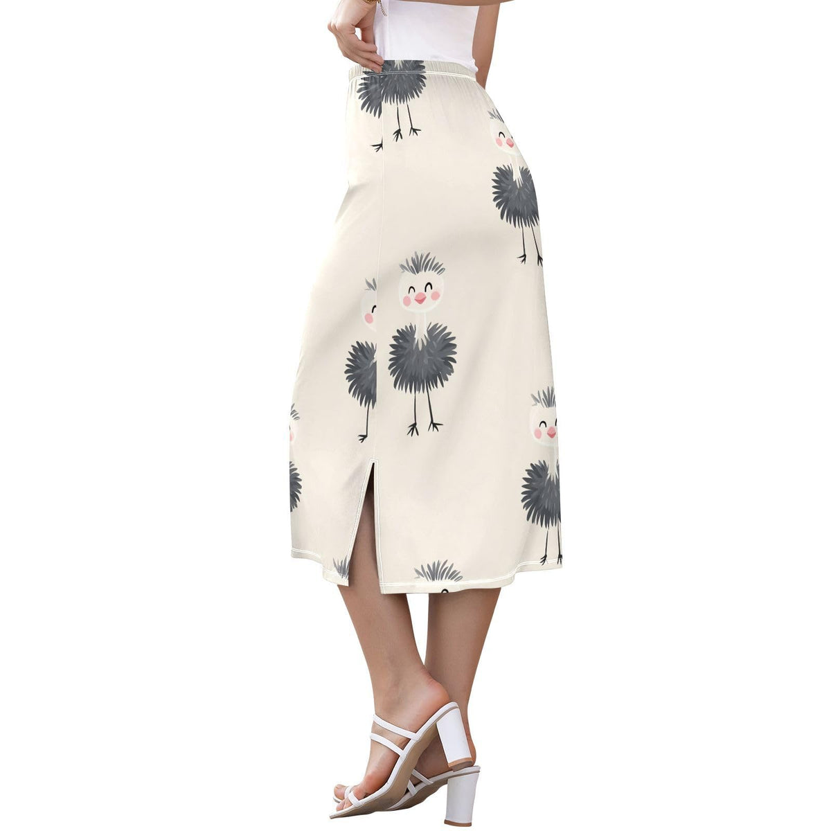 Cute Animal Emu Offwhite Women Midi Skirt for Women Beachy by BCFHRGT – Large, Polyester, Cute Animal Emu Offwhite, Model g552329013p980c1043s2369