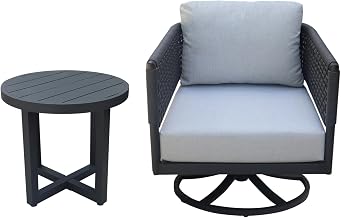 IC INTERNATIONAL CONCEPTS, Outdoor 2 Piece Woven Abaca Rope Patio Furniture Set with an End Table and Swivel Rocking Chair, Powder Coated Aluminium Frame, 22" W x 22" D x 20" H, Charcoal